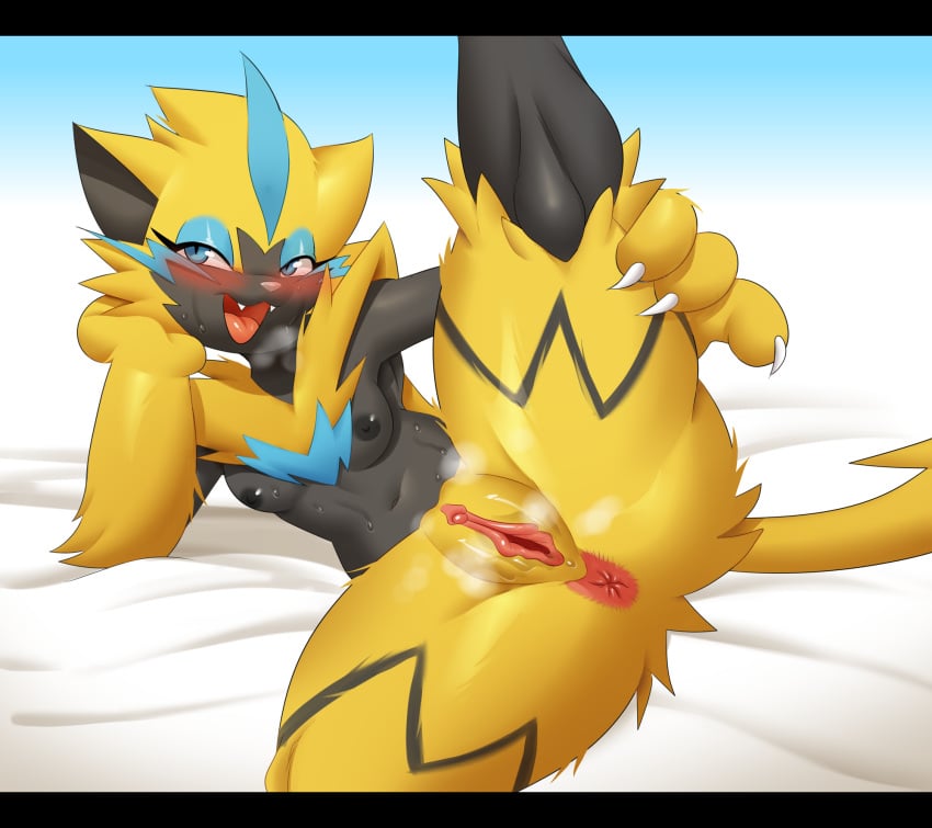 2022 anthro anus blue_eyes blush bodily_fluids breasts claws fangs female fur furry furry_only genitals hi_res legendary_pokémon manene nintendo nude open_mouth pink_nose pokémon_(species) pokemon pussy raised_leg solo sweat thick_thighs video_games wide_hips yellow_body yellow_fur zeraora