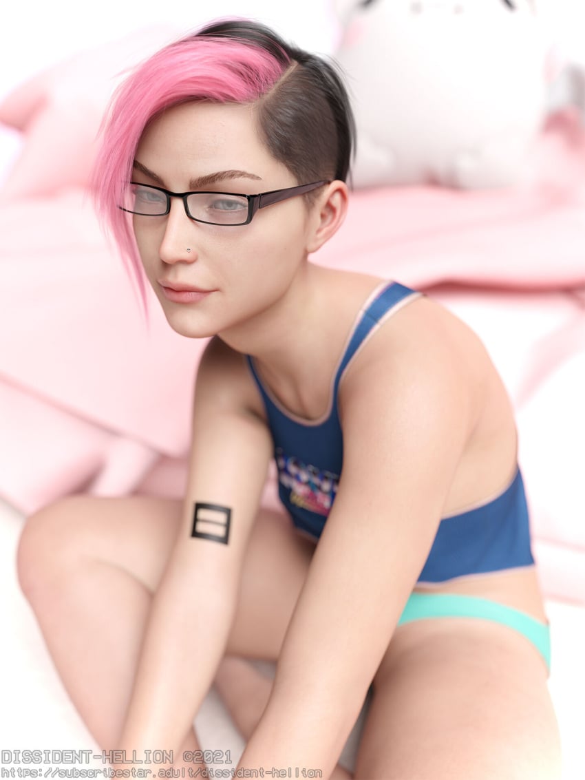 1girls 3d arm_tattoo black_hair character_request clothed clothing depth_of_field dissidenthellion female female_only glasses looking_at_viewer nose_piercing original original_character pink_hair pinup slushe_(website) solo solo_female tattoo two-tone_hair