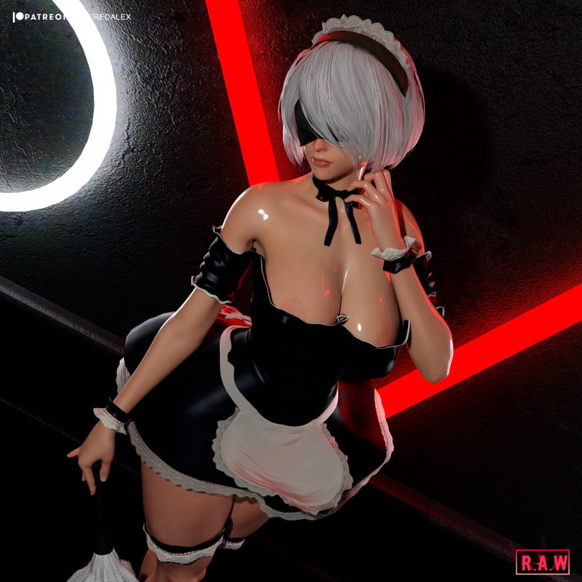 1girls 3d areolae armpit_peek big_breasts busty cleavage female female_only large_breasts lipstick maid maid_uniform nier:_automata red_lipstick redalex_werda sensual short_hair solo thick_thighs thighs white_hair yorha_2b