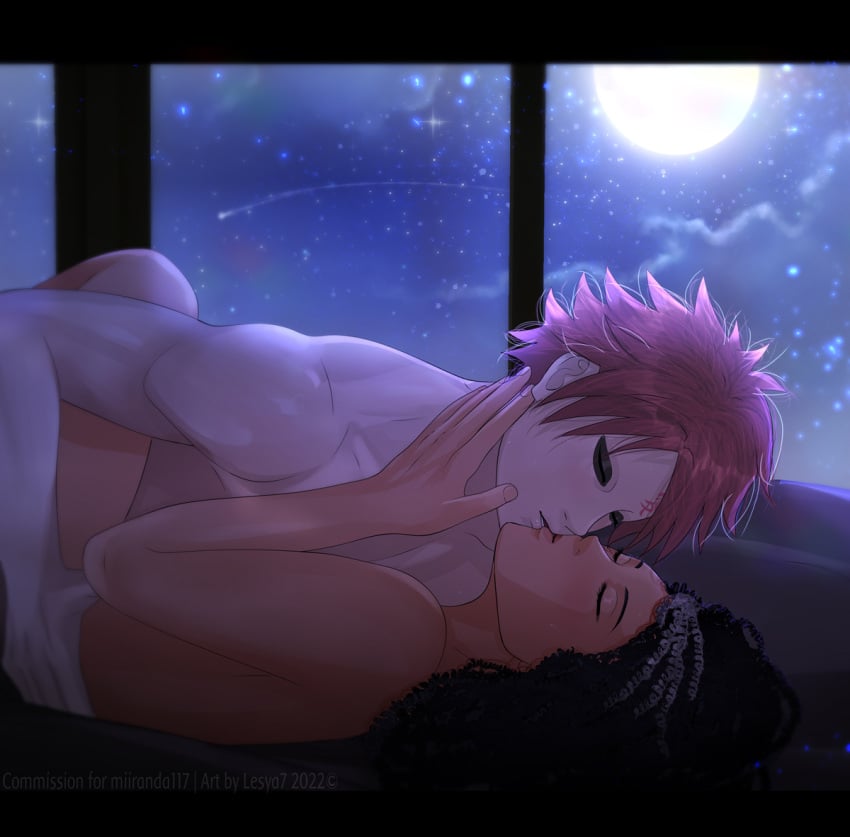 1boy 1girls black_hair closed_eyes curly_hair dark eyeshadow full_moon gaara grey_hair implied_penetration indoors kissing lesya7 light lying_down lying_on_back makeup male/female mascara moon moonlight multicolored_hair naked naruto naruto:_the_last naruto_(series) naruto_shippuden original_character passionate red_hair romantic romantic_ambiance sex straight two_tone_hair