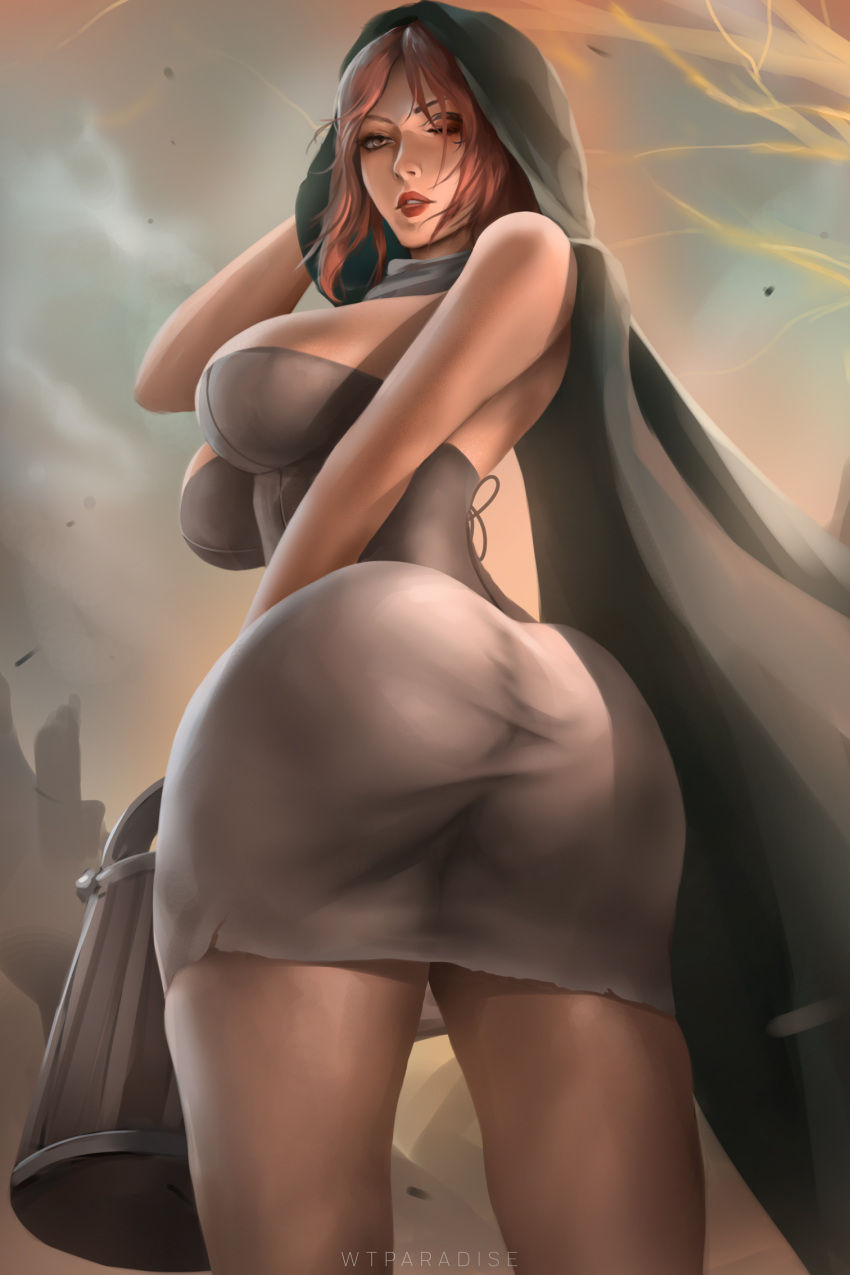 ass back breasts brown_eyes brown_hair elden_ring female female_focus fromsoftware highres hood looking_back medium_breasts medium_hair melina_(elden_ring) one_eye_closed solo thick_thighs thighs we1cometoparadiseart welcometoparadise wtparadise