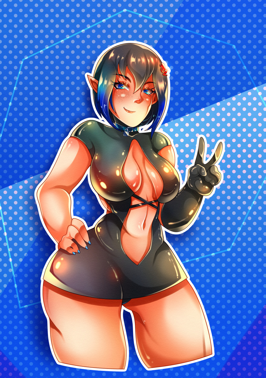 1girls black_hair blue_background blue_eyes breasts collar colored_nails commission cute dog_collar elf elf_ears elf_female female female_only freckles humanoid latex latex_gloves latex_suit nail_polish original_character peace_sign pinup plump pointy_ears smile solo srxnico97 thick_thighs thighs v white_skin