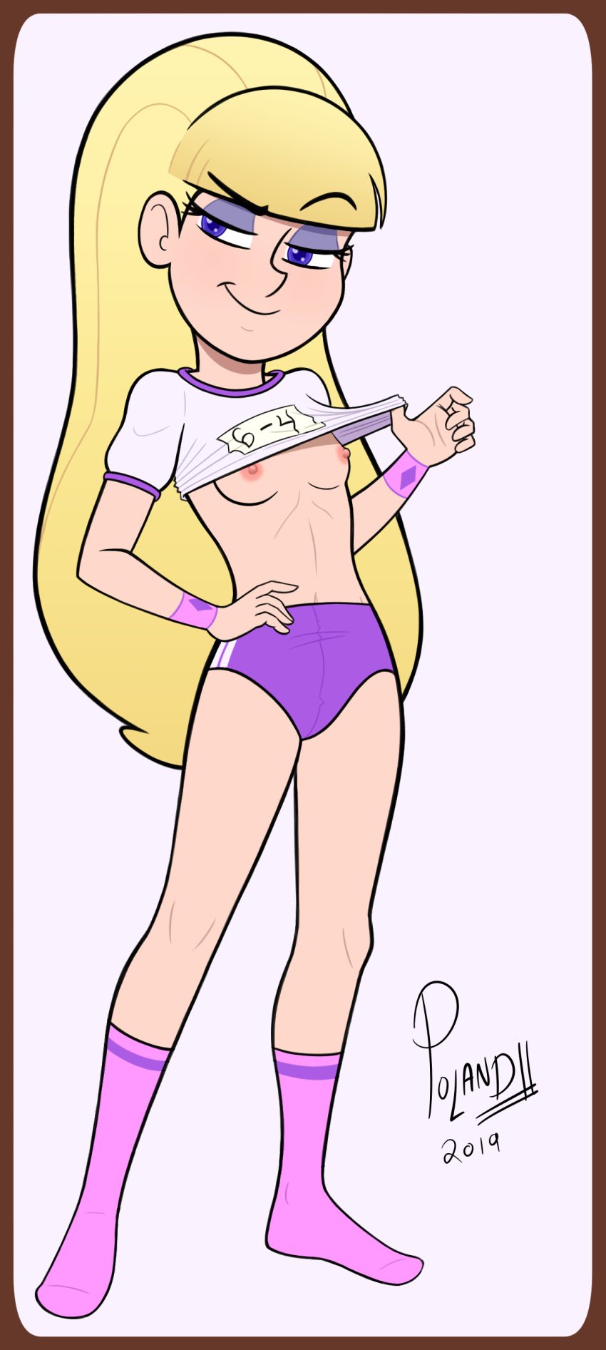 1girls blonde_hair breasts disney disney_channel disney_xd eyebrows female female_only gravity_falls gym_shorts gym_uniform long_hair makeup nipples no_bra pacifica_northwest poland_(artist) purple_eyes shirt_up showing_breasts small_breasts smile smiling socks solo straight_hair undressing volleyball_shorts volleyball_uniform