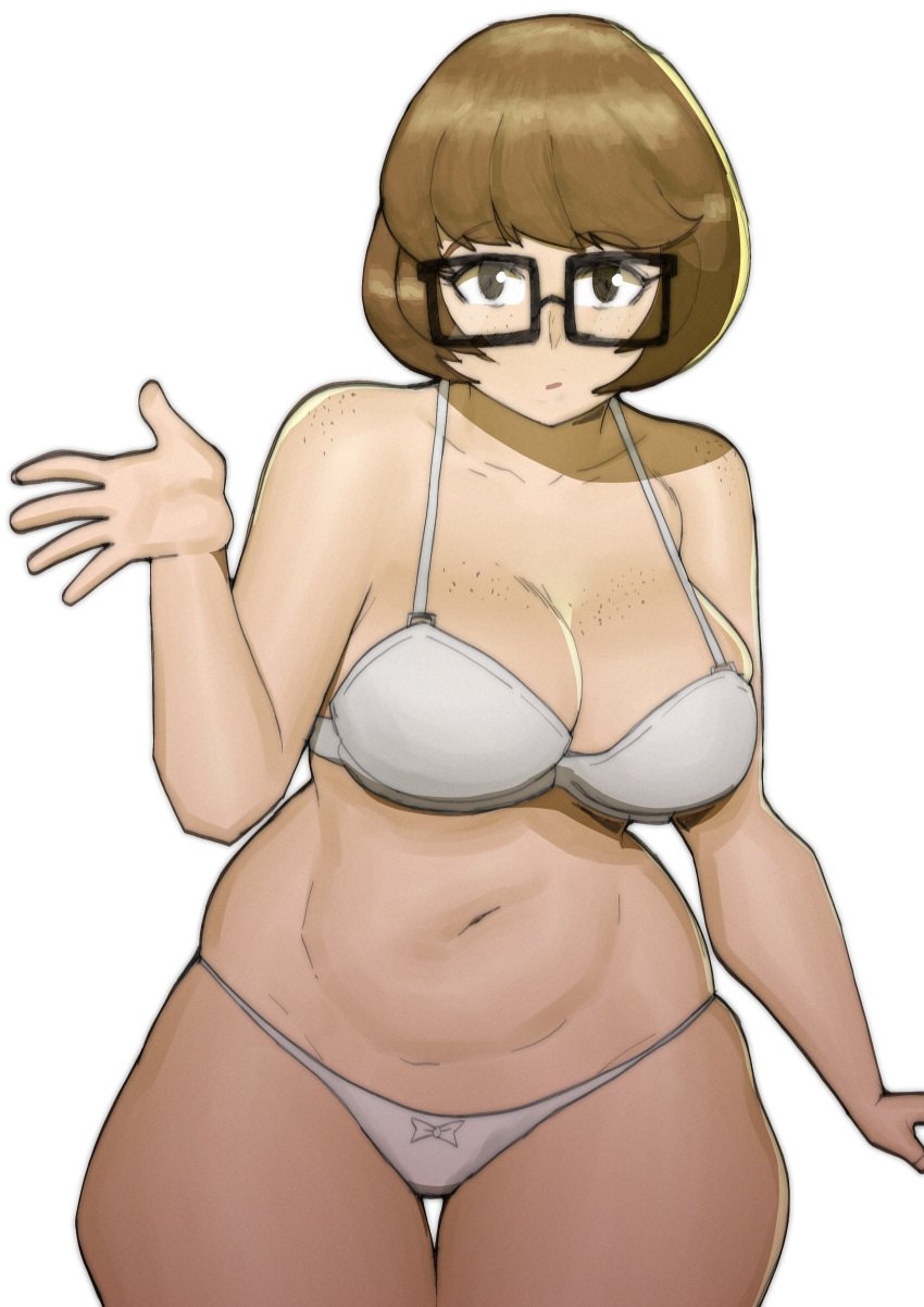 1girls belly belly_fat bra brown_eyes brown_hair doublehero eye_contact female female_focus female_only feminine freckles freckles_on_breasts freckles_on_shoulders glasses hips looking_at_viewer navel panties scooby-doo short_hair slightly_chubby solo solo_female solo_focus standing thick_thighs thighs thunder_thighs velma_dinkley voluptuous white_background white_bra white_panties wide_hips