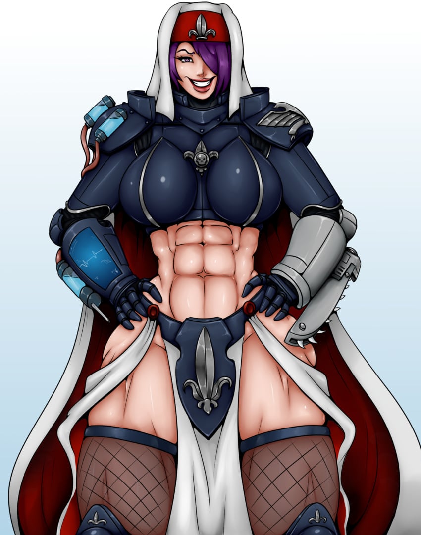 1girls abs adepta_sororitas armor female female_only fishnet_legwear fleur-de-lis hair_over_one_eye huge_breasts imperium_of_man muscular_female purity_seal purple_hair romman08 sister_hospitaler sister_of_battle solo solo_female thick_thighs unconvincing_armor warhammer_(franchise) warhammer_40k