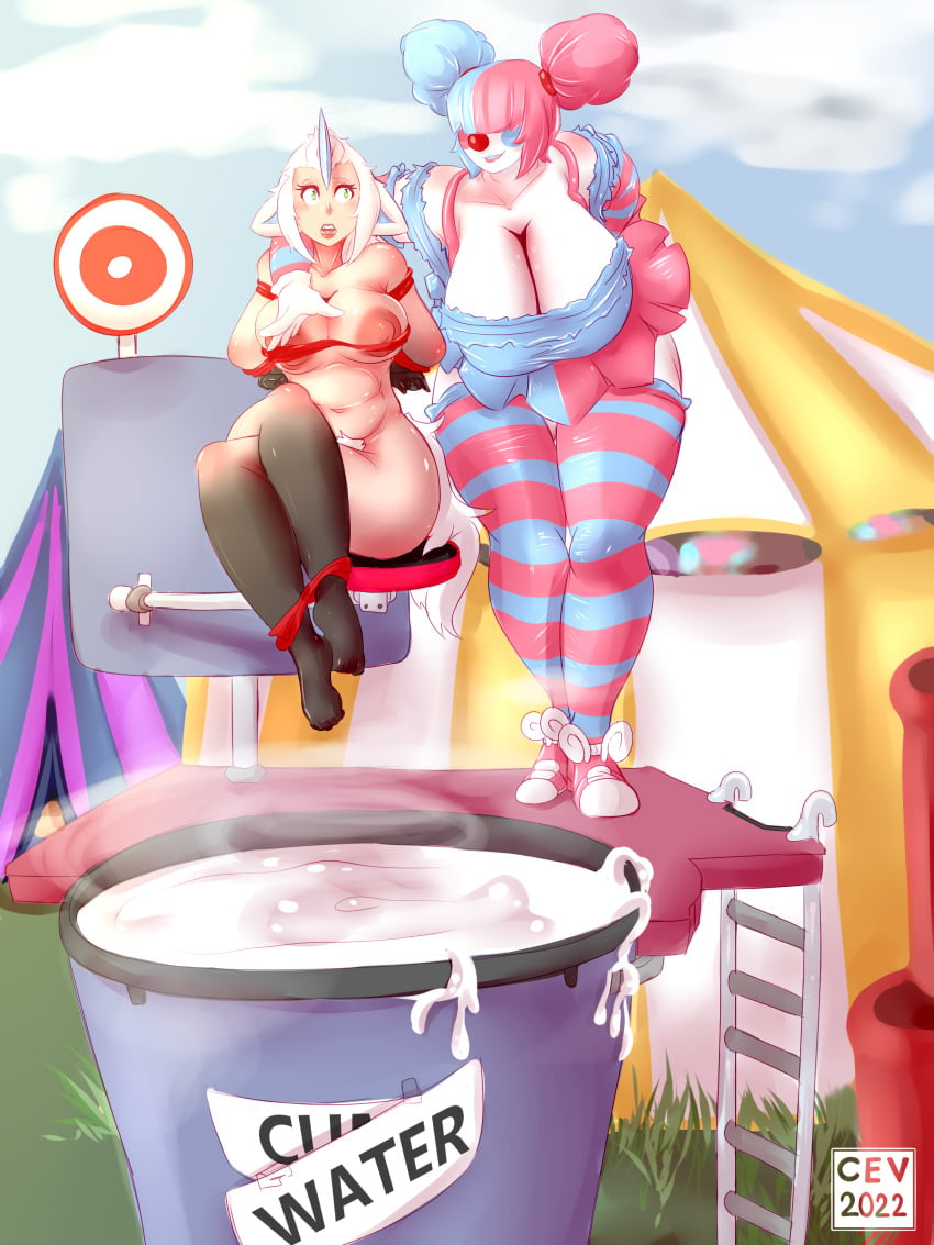 2022 2girls 3:4 absurd_res alien alien_humanoid arm_around_shoulders arms_tied big_breasts bodily_fluids bondage bottomwear bound breasts cev cev_rosa clothed clothed/nude clothing clown clown_nose covered_eyes cum cum_in_container digital_media_(artwork) dunk_tank duo english_text female female_only genital_fluids gradient_body green_eyes hair hi_res horn huge_breasts human humanoid jiggle_the_clown legs_tied legwear makeup mammal multicolored_hair nervous nipples nude pubes puffy_nipples size_difference skirt standing text thick_thighs thigh_highs twintails white_hair wide_hips