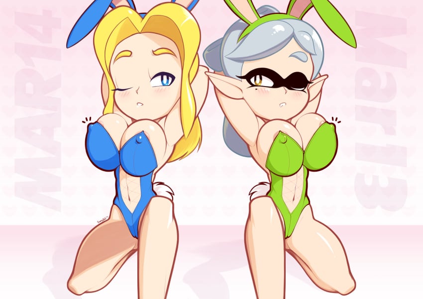 2girls alternate_breast_size blonde_hair blush bunny_ears bunnysuit crossover grey_hair inkling maria_robotnik marie_(splatoon) multiple_girls nintendo sega sonic_(series) sonic_the_hedgehog_(series) splatoon supersegasonicss wink