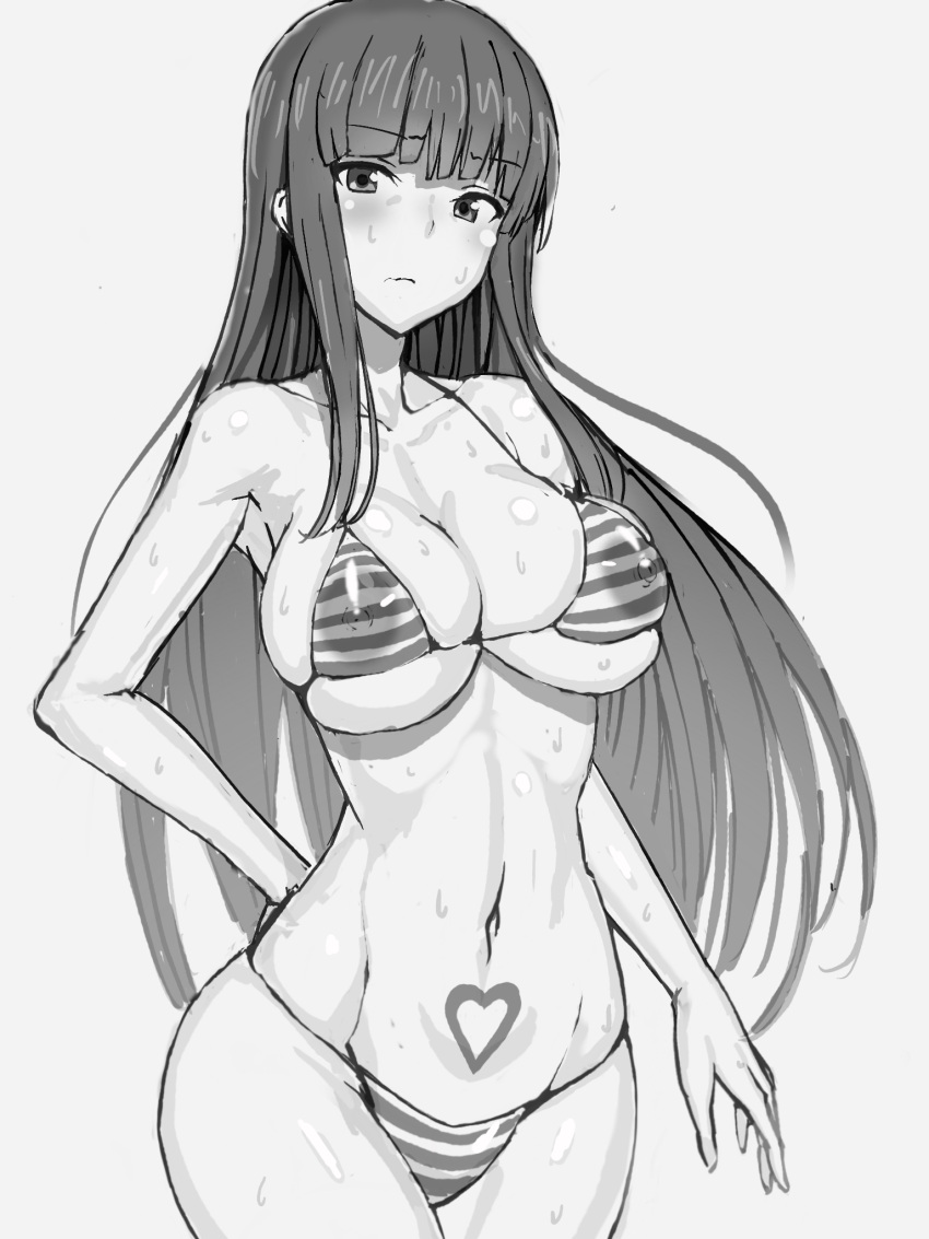 1girls bikini blush breasts female fuchi_(touo) fuchitoro girls_und_panzer large_breasts long_hair monochrome nishizumi_shiho solo