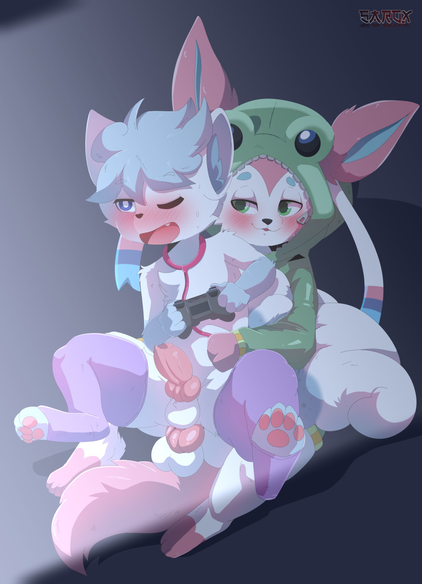 absurd_res ahe_gao alolan_vulpix anthro berr blue_eyes blush brian_the_sylveon clothing controller duo eeveelution fur furry furry_only game_controller gay green_eyes hi_res hoodie knot legwear looking_pleasured male male_penetrated male_penetrating male_penetrating_male medical_instrument multi_tail nintendo on_lap pawpads paws penis pokemon pokemon_(species) regional_form_(pokémon) sarox scientific_instrument sitting_on_lap smug stethoscope sylveon tail thigh_highs topwear video_games vulpix yaoi