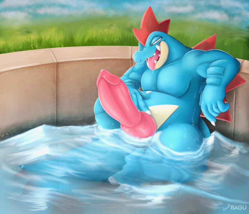 absurd_res anthro bara biceps big_penis big_teeth blue_body blue_skin bodily_fluids claws crocodilian drooling erection feraligatr genital_fluids genitals grass hi_res knot looking_at_viewer lounging male male_only muscular muscular_male nintendo outside partially_submerged pecs penis pink_penis plant pokémon_(species) pokemon precum presenting presenting_penis reclining reptile saliva scalie sitting solo thick_penis thick_tail thick_thighs tongue tongue_out video_games water wet zerrazoid