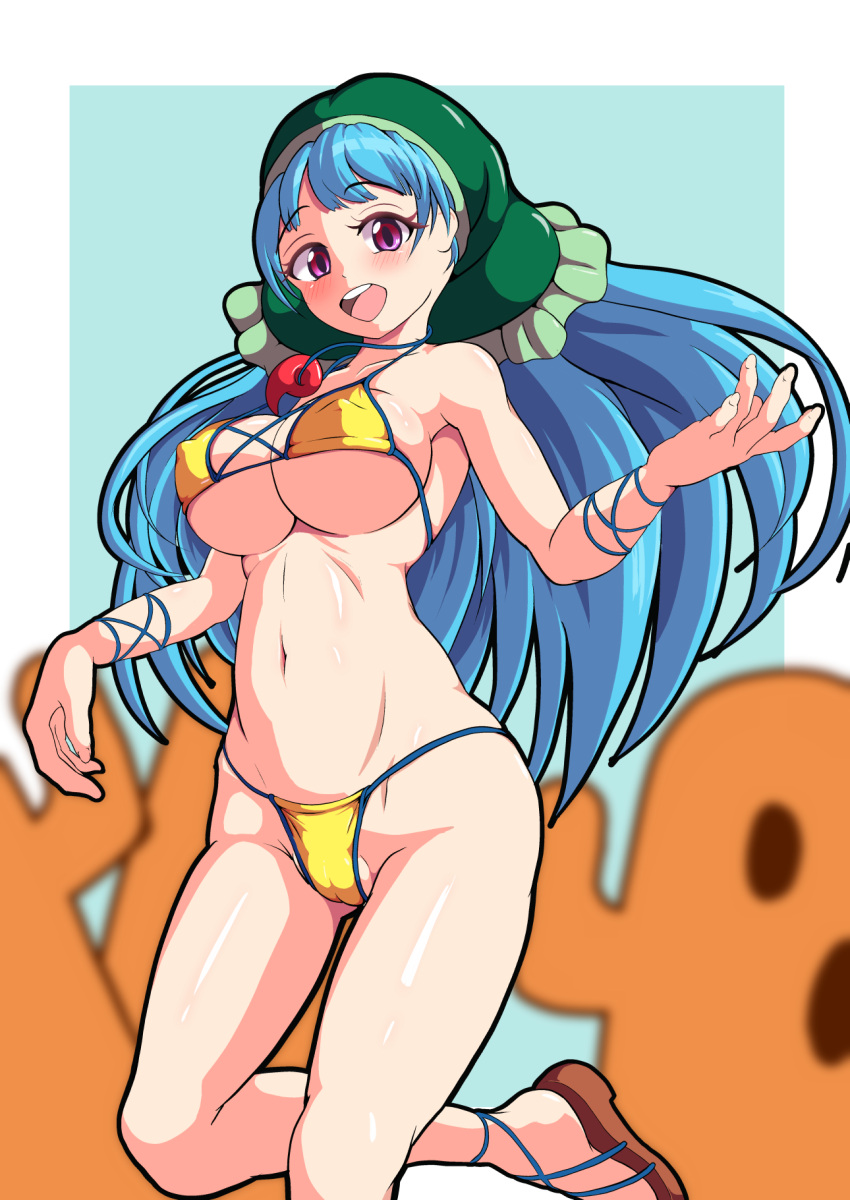 arm_ribbon bangs bikini blue_background blue_hair breasts brown_footwear cameltoe cleavage covered_erect_nipples eyebrows_visible_through_hair female green_headwear groin haniwa_(statue) head_scarf highres keiki_haniyasushin large_breasts leg_up long_hair looking_at_viewer micro_bikini navel nioti open_mouth pink_eyes ribbon swimsuit teeth touhou upper_teeth yellow_bikini