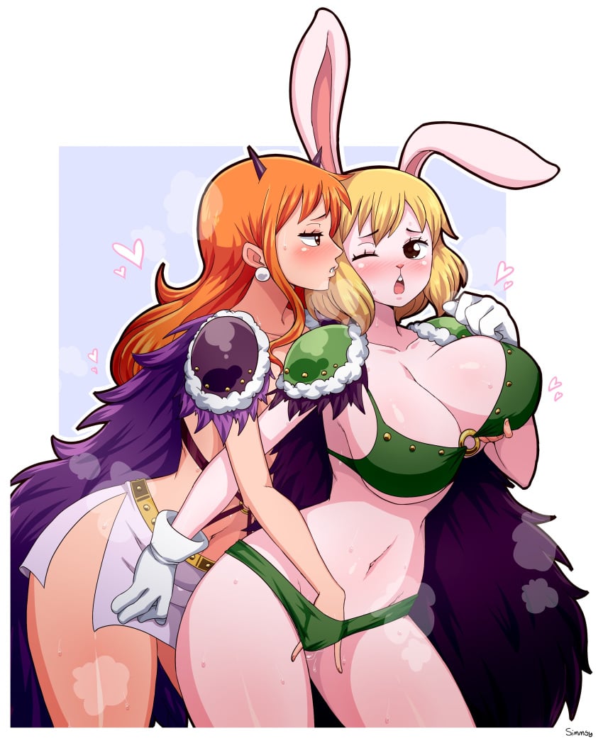 2girls alternate_version_available anthro beast_pirates beast_pirates_(cosplay) big_breasts blush breasts carrot_(one_piece) female female_only fingering fingering_from_behind furry hand_in_panties large_breasts nami one_piece post-timeskip simmsy yuri