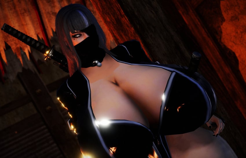 1girls 3d beauty_mark breasts eye_patch female female_focus gray_hair huge_breasts mask massive_breasts nioh nioh_2 oc original_character protagonist revealing_clothes screencap slit_pupils white_eyes