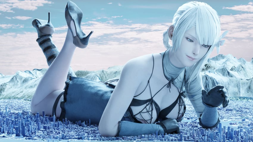 1girls breasts city clothing envlight female female_only giantess kaine_(nier) light-skinned_female light_skin macro nier nier_replicant solo solo_female white_hair