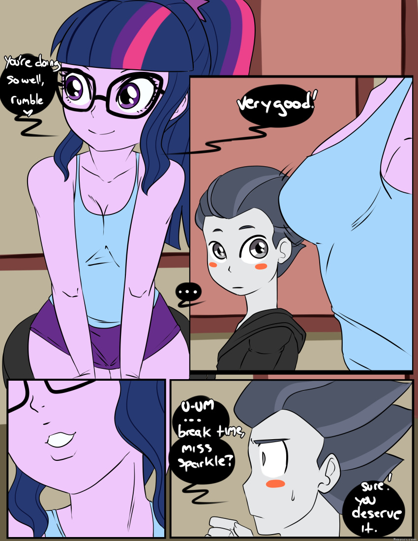 1boy 1girls age_difference blush breasts clothing comic encouragement english_text equestria_girls female friendship_is_magic glasses hasbro inuyuru male megane meganekko multicolored_hair my_little_pony ponytail purple_eyes purple_skin rumble_(mlp) sci-twi skirt smiling speech_bubble sweatdrop tank_top tutor twilight_sparkle_(mlp)