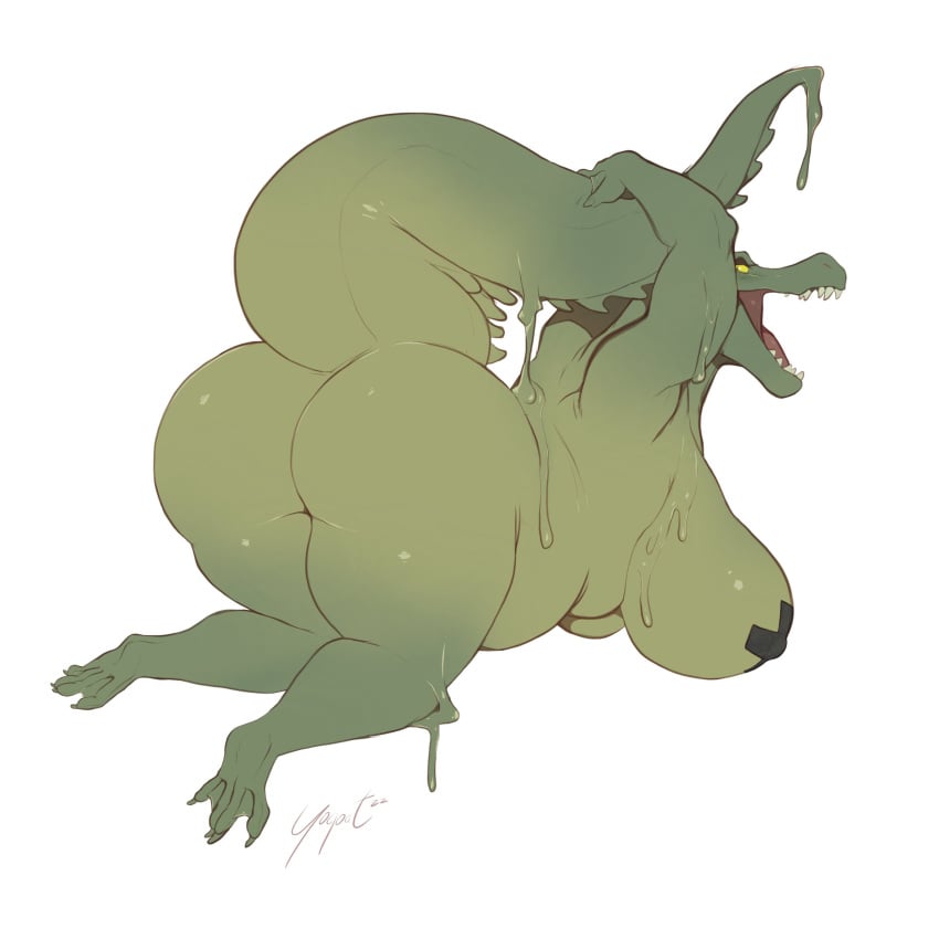 2022 absurd_res anthro ass bayley_(tophale) belly bent_over big_breasts big_butt breasts claws crocodile crocodilian crocodylid dripping eyelashes female full-length_portrait goo_creature green_body half-closed_eyes hi_res huge_breasts huge_butt kneeling looking_back lying membrane_(anatomy) mostly_nude narrowed_eyes nipple_outline nipple_tape on_front open_mouth overweight overweight_anthro overweight_female pasties portrait presenting presenting_hindquarters pupils raised_tail reptile scalie sharp_teeth slit_pupils solo tail_spines tape teeth thick_thighs three-quarter_view toe_claws tongue webbed_feet webbed_hands yellow_eyes yogoat