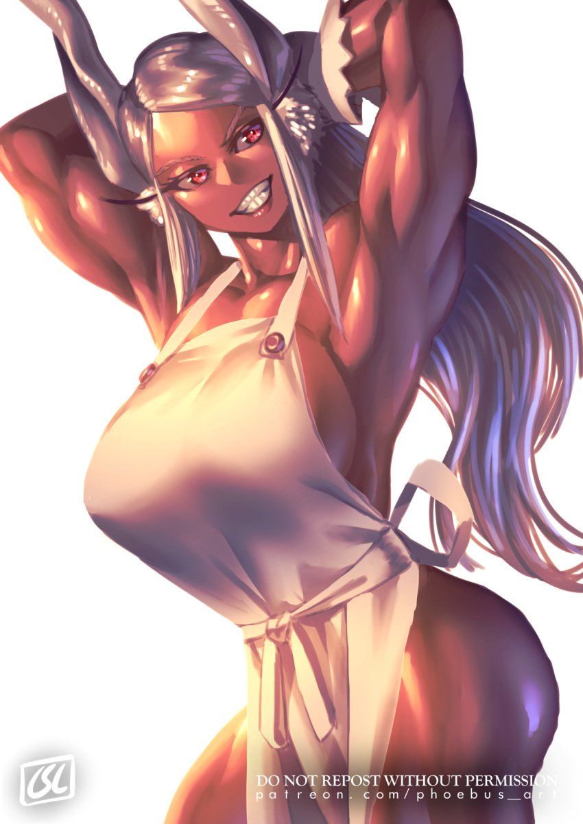 1girls animal_ears apron armpits arms_behind_head arms_up artist_name ass big_ass big_breasts breasts bunny_ears clenched_teeth clothing curvy dark-skinned_female dark_skin english_text eyelashes female female_focus female_only gloves grin highres human large_ass large_breasts lips long_hair looking_to_the_side miruko muscular muscular_female my_hero_academia naked_apron parted_lips phoebus_art pinup pose red_eyes revealing_clothes rumi_usagiyama shiny_skin sideboob simple_background skimpy smile solo solo_female teeth text thighs url voluptuous watermark white_background white_hair