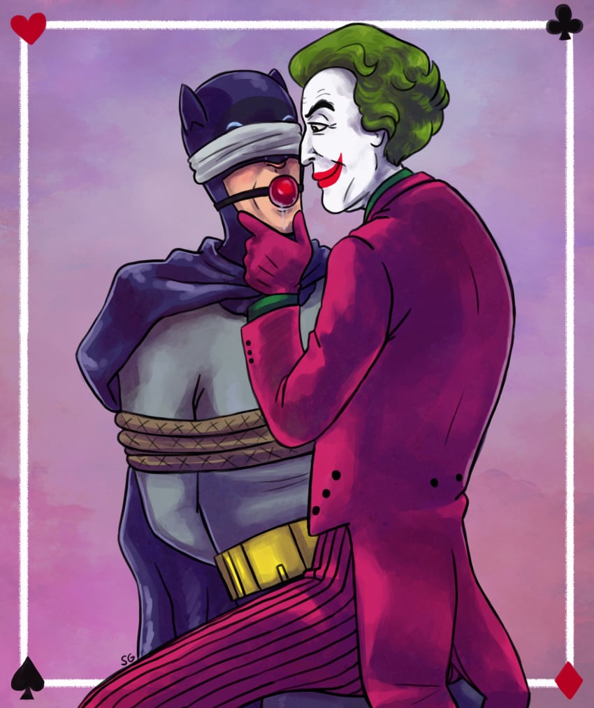 adam_west batjokes batman batman66 batman_66 blindfold bondage cesar_romero dc dc_comics gag gagged garrett_strangelove gay gay_domination gay_sex helpless joker male male_on_male rope rope_bondage saliva saliva_drip saliva_trail sitting_on_lap submission superhero