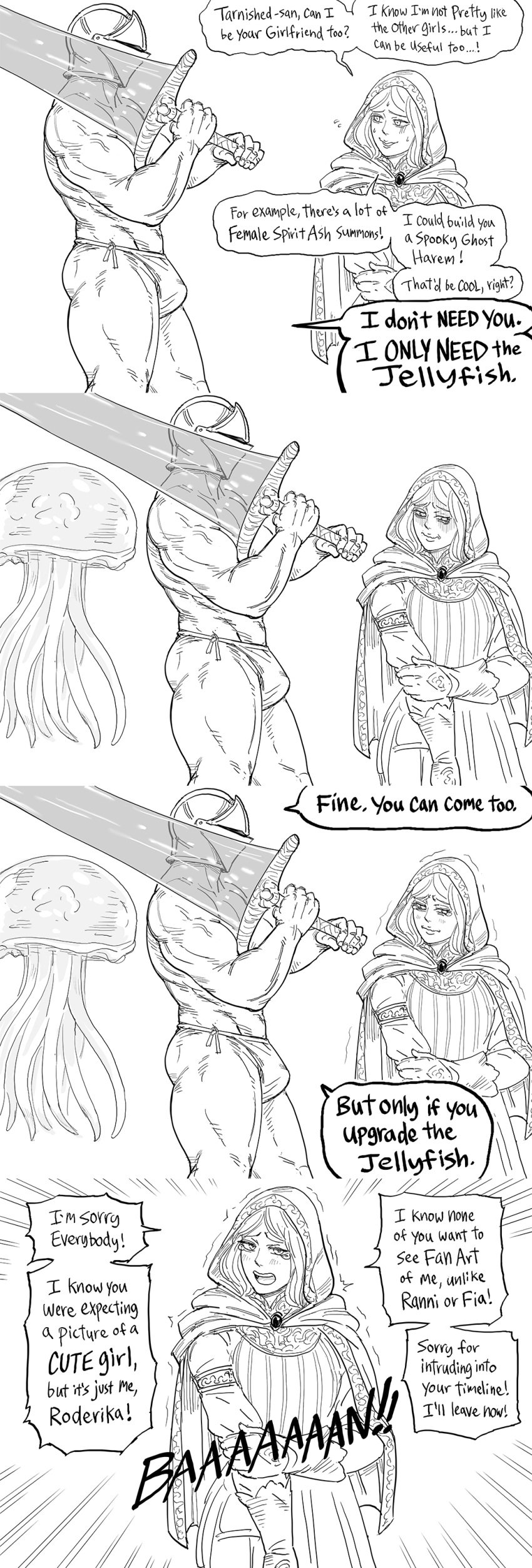 1boy 1girls ass aurelia_(elden_ring) bb_(baalbuddy) big_penis blush bulge bulge_through_clothing comic dark_moon_greatsword dialogue elden_ring embarrassed fromsoftware monochrome moonlight_greatsword muscular_male roderika_(elden_ring) spirit_jellyfish talking_to_viewer tarnished text underwear wholesome