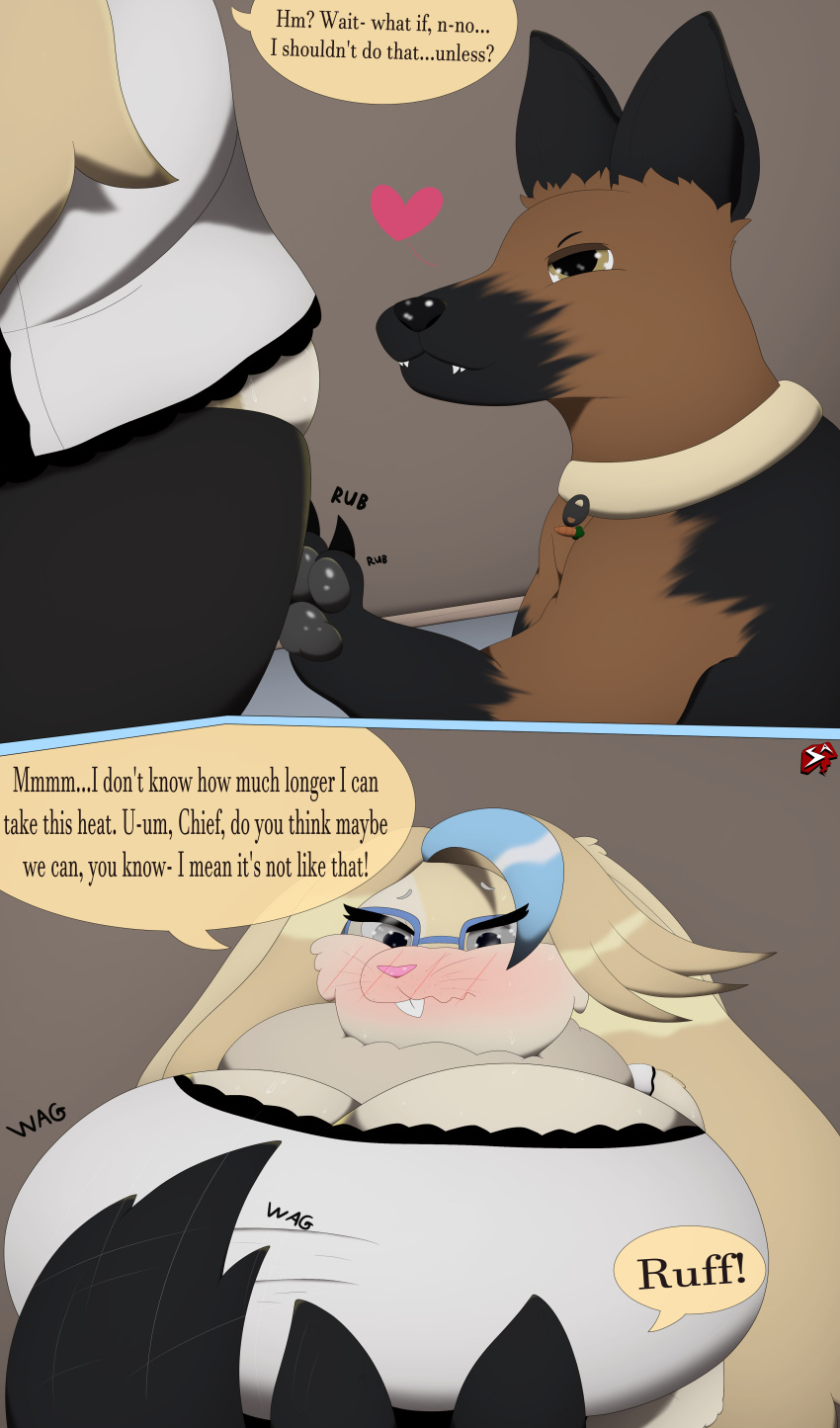 absurd_res anthro anthro_on_feral bangs barking bedroom_eyes big_breasts black_body black_fur black_nose black_pawpads blessing_(stylish_apollo) blonde_hair blue_highlights blush bodily_fluids bottomwear breasts brown_body brown_fur buckteeth canid canine canis chief_(stylish_apollo) claws cleavage clothed clothing collar comic countershade_face countershade_legs countershade_torso countershading dialogue domestic_dog domestic_rabbit duo english_lop english_text eyewear female feral floppy_ears freckles fur german_shepherd glasses grey_eyes hair heart herding_dog hi_res highlights_(coloring) hightlights huge_breasts imminent_sex in_heat inside lagomorph leggings legwear leporid lop_rabbit maid_uniform male male/female mammal narrowed_eyes neck_tuft nerd nervous oryctolagus pastoral_dog pawpads paws pink_nose rabbit rubbing seductive skirt slightly_chubby smile stylish_apollo sweat tail_motion tailwag tan_body tan_fur teeth text thick_thighs thigh_highs toe_claws tuft uniform whiskers yellow_eyes zoophilia