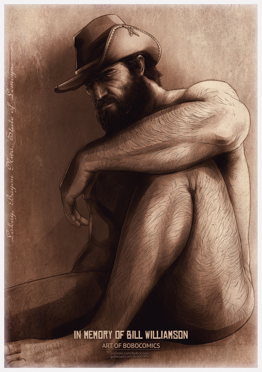 1boy bara beard bill_williamson bobocomics body_hair cowboy_hat facial_hair hairy_male human male male_only monochrome mustache nude_male red_dead_redemption_(series) red_dead_redemption_2 solo yaoi