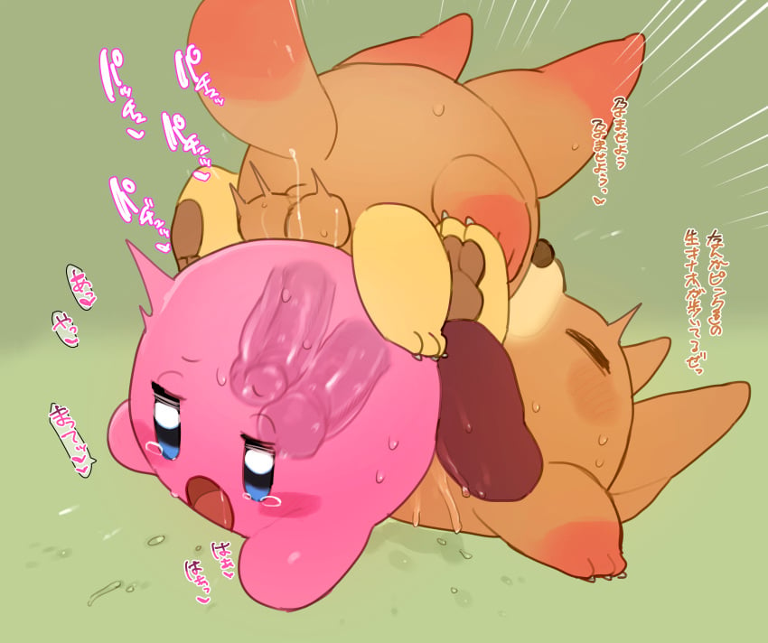 absurd_res anal anal_sex awoofy balls bodily_fluids double_penetration female genitals group hi_res japanese_text kirby kirby_(series) male male/female nintendo not_furry penetration penis pink_body rinrin_(pixiv) tears text uncensored vaginal_penetration video_games waddling_head zoophilia