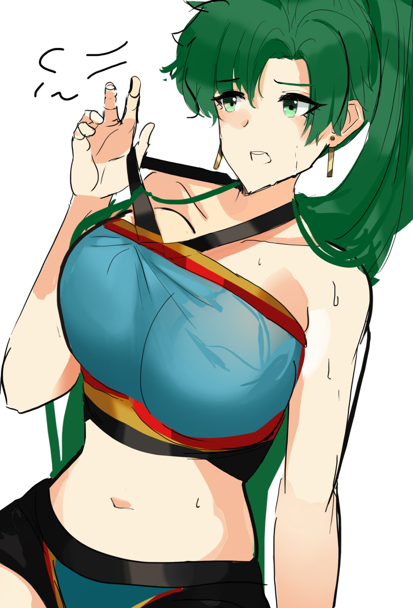 1girls absurdres bare_shoulders breasts earrings female female female_only fire_emblem fire_emblem:_the_blazing_blade fire_emblem_warriors green_eyes green_hair highres jewelry large_breasts looking_to_the_side lyn_(fire_emblem) lyndis_(fire_emblem) navel nintendo ormille ponytail sketch solo strapless sweat tube_top