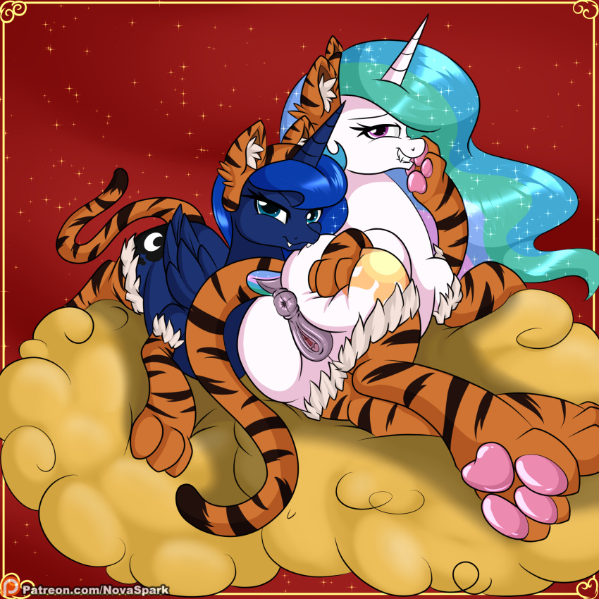 1:1 alicorn animal_genitalia animal_print animal_pussy anus ass bedroom_eyes blue_body chinese_zodiac clitoral_winking clitoris dock equid equine equine_pussy fake_ears fake_tail fangs female friendship_is_magic genitals hair hasbro hi_res horn long_hair looking_at_viewer looking_back lying mammal my_little_pony narrowed_eyes novaspark paws princess_celestia_(mlp) princess_luna_(mlp) puffy_anus pussy seductive sibling sister sisters tiger_print white_body wings year_of_the_tiger