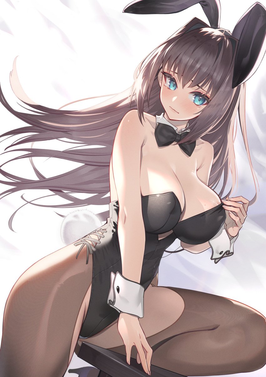 aozaki_aoko big_breasts blue_eyes blush bowtie brown_hair bunny_ears bunny_girl bunny_tail bunnysuit cleavage crotch_cutout crotchless_pantyhose detached_collar female female_only hair_intakes hi_res highleg highleg_leotard huge_breasts long_hair mahou_tsukai_no_yoru nipple_bulge pantyhose sapysha shazhiqiao solo thin_waist tsukihime type-moon very_high_resolution wrist_cuffs