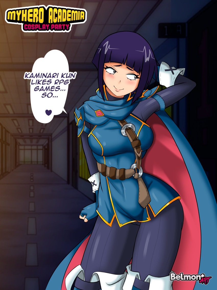 1girls alternate_costume belmont blue_hair blush breasts cape cosplay crossover crossover_cosplay english_text female female_only fire_emblem fire_emblem_awakening kyoka_jiro lucina_(fire_emblem)_(cosplay) medium_breasts my_hero_academia nintendo short_hair solo source_request sword text weapon