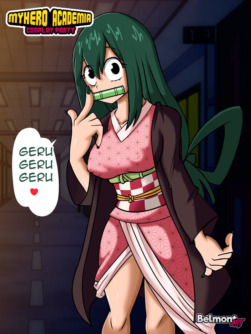 1girls alternate_costume belmont breasts cosplay female female_only green_hair haori kamado_nezuko_(cosplay) kimono long_hair looking_at_viewer medium_breasts my_hero_academia obi solo traditional_clothes tsuyu_asui