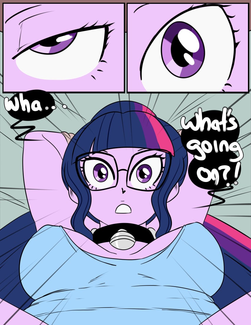 1girls big_breasts cat_bell clothing collar comic english_text equestria_girls erect_nipples eyes_half_open eyes_open female female_only friendship_is_magic hands_behind_head hasbro inuyuru my_little_pony nipple_bulge pokies ponytail purple_eyes purple_skin sci-twi solo speech_bubble surprised tied_hands tutor twilight_sparkle_(mlp) waking_up