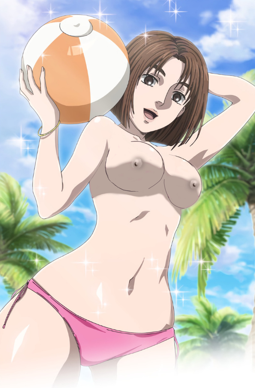 1girls ball beach beach_ball breasts brown_eyes brown_hair edit female initial_d looking_at_viewer natsuki_mogi nipples palm_tree palms pink_panties smile swimwear topless