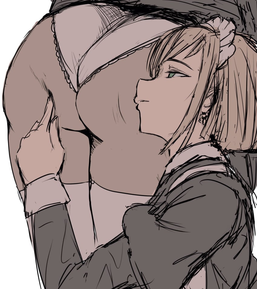 2girls ass_focus big_ass blonde_hair green_eyes groping large_ass light-skinned_female maid maid_headdress maid_uniform panties poke sketch skirt_lift smile stockings thick_thighs white_background yukidaruma yuri