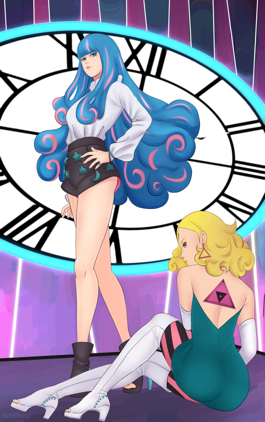 ada_(boruto) ass backless backless_outfit blonde_hair blue_eyes blue_hair boots boruto:_naruto_next_generations butt_crack delta_(boruto) dress female female_only full_body lickliking multicolored_hair multiple_girls naruto naruto_(series) pants pink_eyes pink_hair shirt shorts sitting standing take_your_pick two_tone_hair yellow_hair