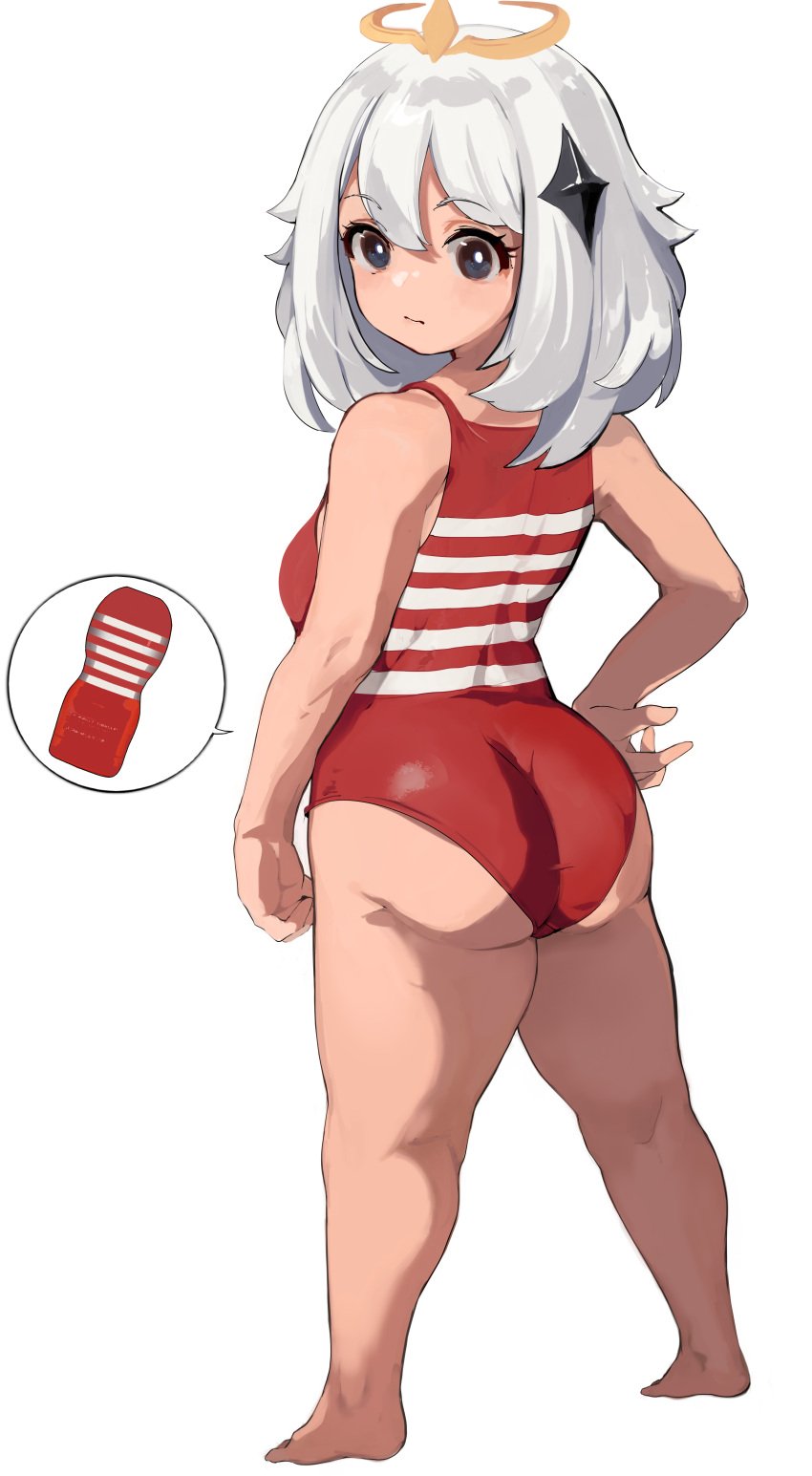 1girls aged_up alternate_breast_size ass big_ass breasts eye_contact female female_only genshin_impact looking_at_viewer looking_back mamimi_(artist) onahole one-piece_swimsuit paimon_(genshin_impact) red_one-piece_swimsuit shortstack simple_background smaller_female standing swimsuit tenga tenga_outfit thick_thighs white_background white_hair