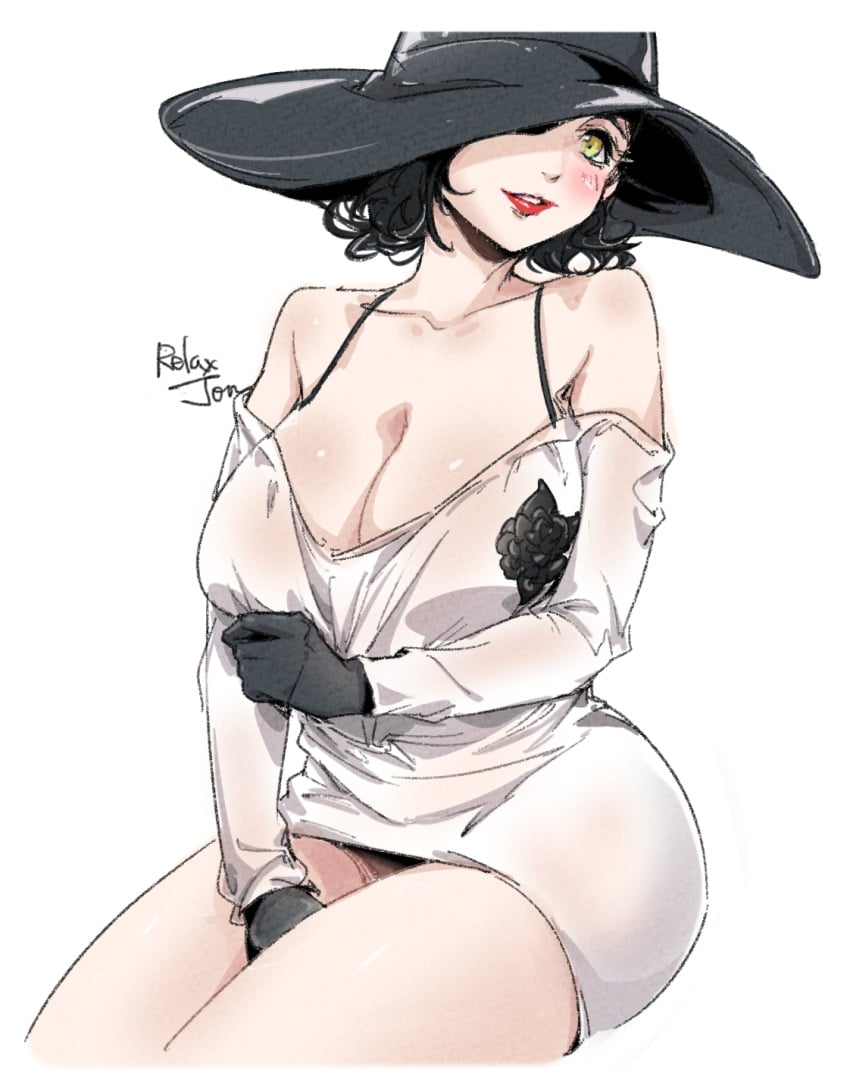 alcina_dimitrescu bare_shoulders black_flower black_gloves black_hair black_rose blush breasts cleavage corsage dress female flower gloves hat highres large_breasts mature_female milf off_shoulder one_eye_covered parted_lips relaxjon resident_evil resident_evil_8:_village rose short_dress sitting sun_hat thick_thighs thighs white_background white_dress yellow_eyes