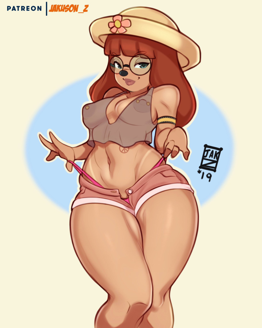 2019 4_fingers anthro areola armband artist_name black_nose bottomwear breasts brown_hair canid canine canis cleavage clothed clothing clothing_pull disney domestic_dog eyewear female female_focus female_only fingers flower flower_in_hat glasses goof_troop green_eyes hair half-closed_eyes hat headgear headwear hi_res jakuson_z legs_together long_hair looking_at_viewer mammal midriff narrowed_eyes navel nipple_outline nipple_piercing nipples piercing plant shirt shorts smile solo stacey_(goof_troop) standing tank_top tattoo thick_thighs thighs thong thong_pull topwear translucent translucent_clothing underwear v