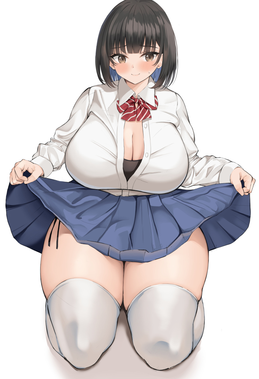 1girls big_breasts blush breasts chubby chubby_female eye_contact fully_clothed huge_breasts legwear looking_at_viewer neneneji original school_uniform short_hair skirt skirt_lift solo thick_thighs thighhighs thighs voluptuous wide_hips