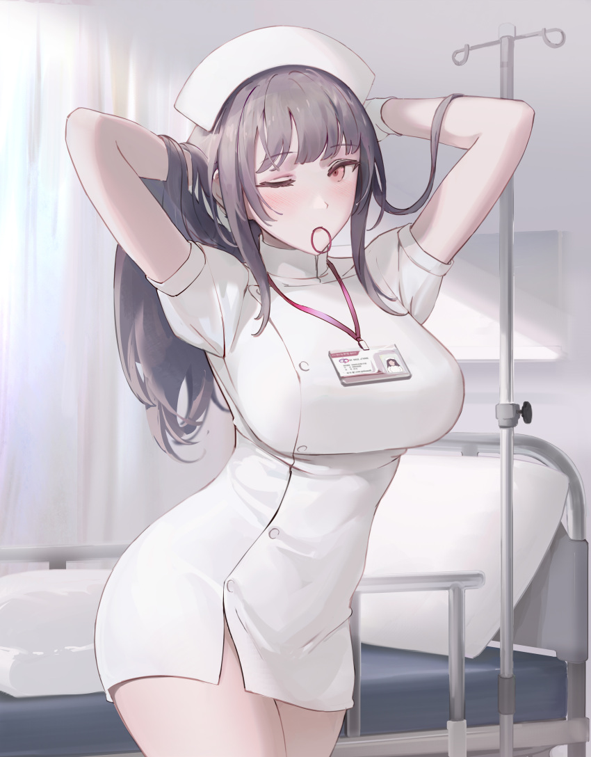 1girls absurdres bangs bed black_hair blush breasts chowbie female female_focus gloves hands_in_hair highres hospital hospital_bed id_card indoors large_breasts long_hair looking_at_viewer mouth_hold nurse nurse_cap one_eye_closed original pink_eyes short_sleeves solo solo_female thighs white_gloves white_headwear