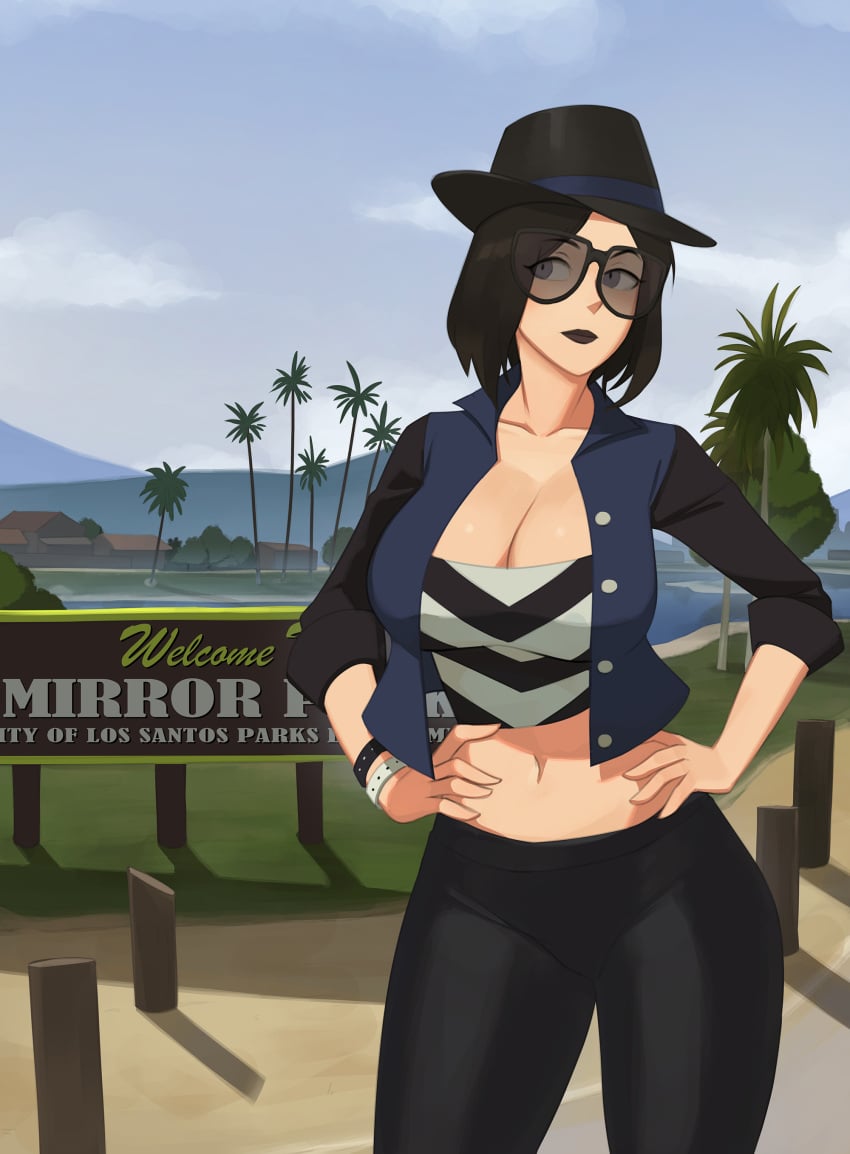 background barleyshake black_hair black_lips black_lipstick blue_eyes bracelet fedora glasses grand_theft_auto grand_theft_auto_online grand_theft_auto_v jacket leggings millennium4ever original_character palm_tree rockstar_games rockstar_north sunglasses the_gotthards tinted_eyewear tubetop