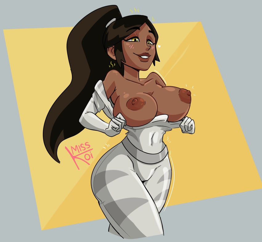 1girls 2d areolae artist_name artist_signature ava_ayala big_breasts breasts dark-skinned_female dark_brown_hair dark_skin edit exposed_breasts exposing_breasts exposing_chest exposing_self female female_focus female_only female_solo highres latina long_hair marvel misskoi nipples ponytail revealing_breasts solo solo_female tagme thick_thighs thighs white_tiger_(marvel) yellow_eyes