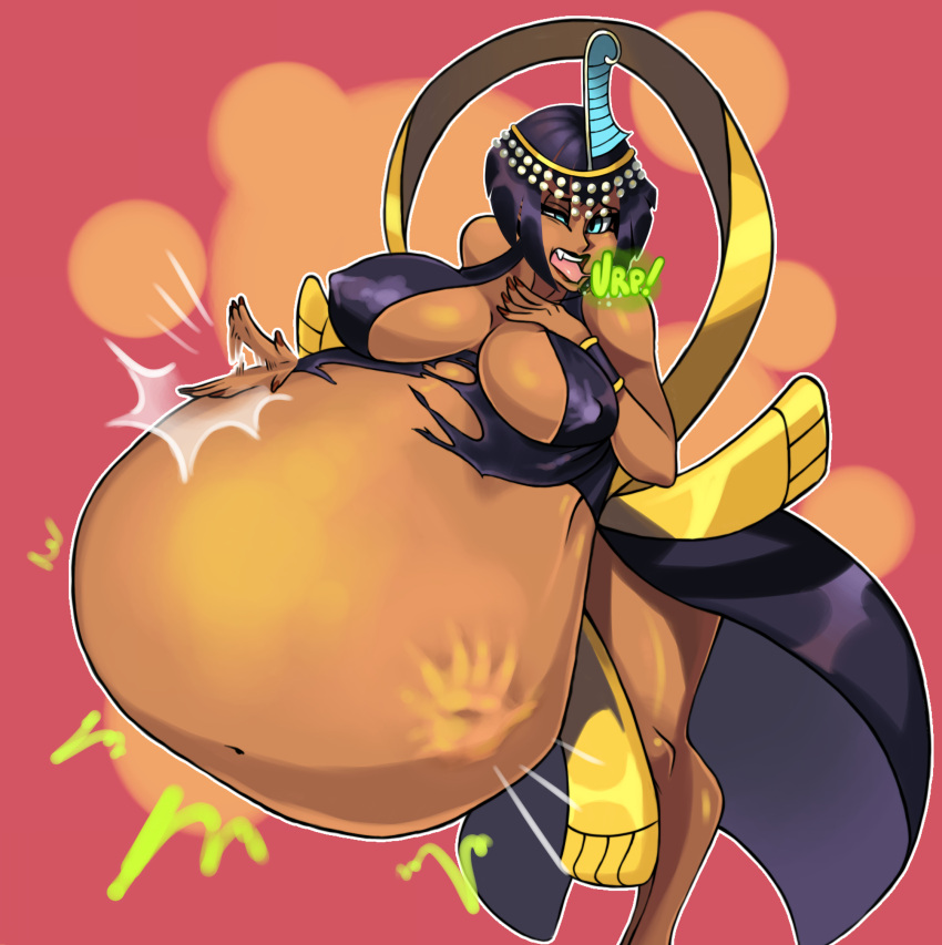 1girls after_vore alonelysoul64 belly big_belly big_breasts black_hair blue_eyes breasts brown_skin burp burping cleavage dark-skinned_female dark_skin digestion egyptian egyptian_female eliza_(skullgirls) erect_nipples fangs female femdom hair_ornament hand_imprint hand_on_belly hand_on_chest hi_res huge_belly large_breasts nipple_bulge nipples open_mouth post_vore red_fingernails same_size_vore short_hair sideboob skullgirls solo stomach_bulge tagme thick_thighs tongue unknown_character vampire visible_nipples vore