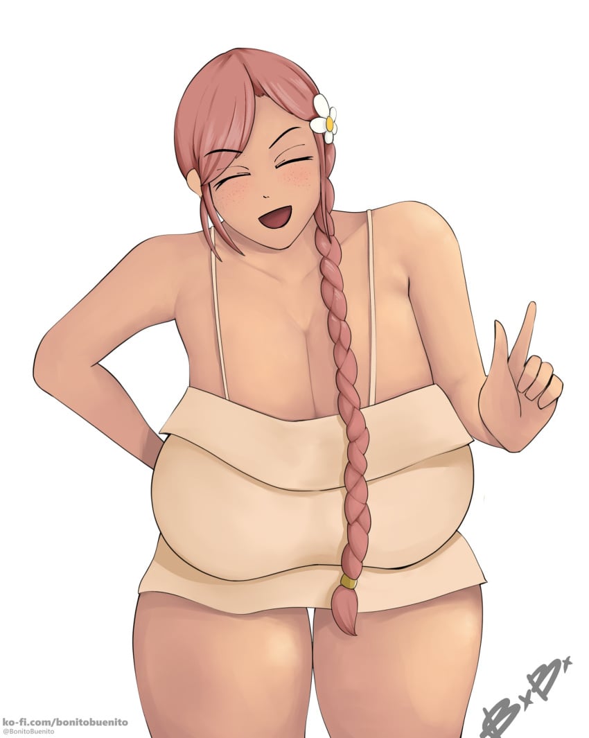 2022 anna_(operatorsecret) big_breasts bonitobuenito braided_ponytail breasts cleavage closed_eyes digital_drawing_(artwork) digital_media_(artwork) female female_only flower_in_hair freckles ginger hand_on_hip human milf mother pink_hair ponytail smile smiling smiling_at_viewer solo