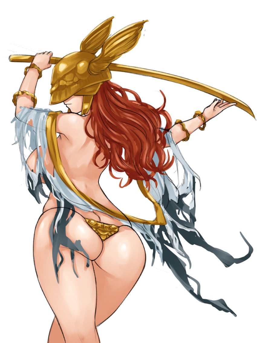 armor ass_cleavage bikini_armor bracelet breasts butt_crack chains covered_eyes elden_ring female fromsoftware helmet helmet_over_eyes hidden_eyes highres jewelry large_breasts long_hair malenia_blade_of_miquella orange_hair revealing_clothes shiny shiny_skin sideboob skindentation solo solo_female steamingtofu sword torn_clothes weapon white_background