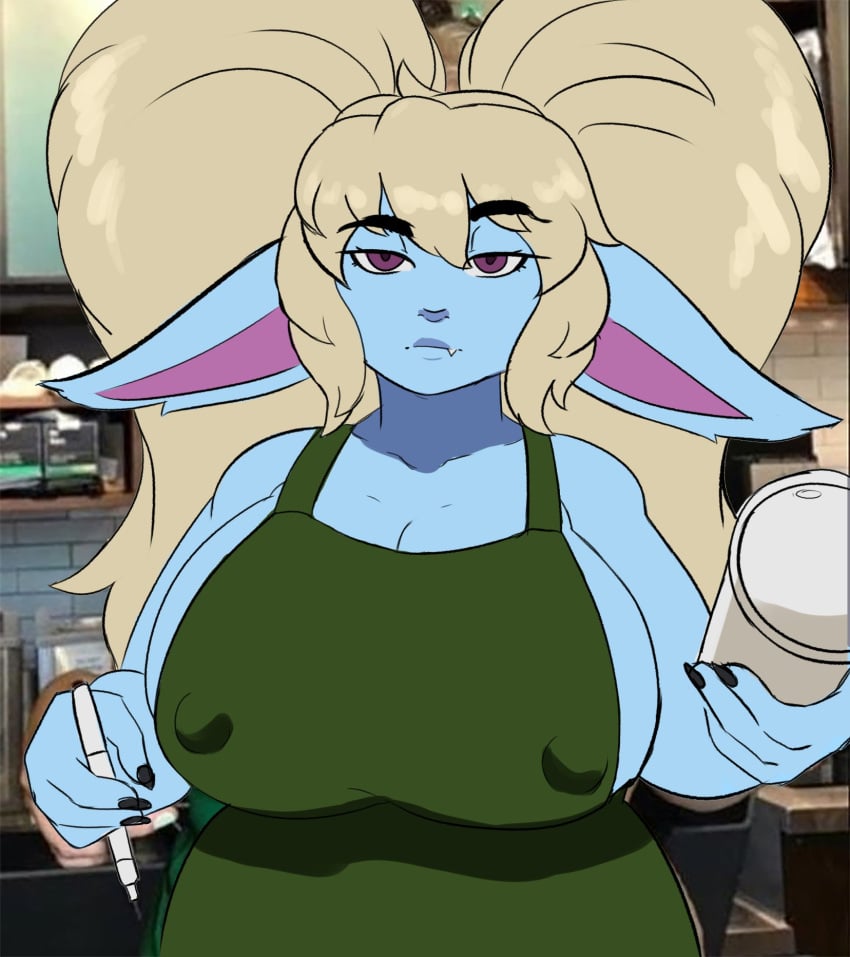 1girls 2021 apron_only big_breasts big_nipples blonde_hair blue_fur breasts cup female female_only huge_breasts huge_nipples iced_latte_with_breast_milk large_breasts large_nipples league_of_legends little_ddraig meme pen poppy shortstack solo solo_female twintails yordle