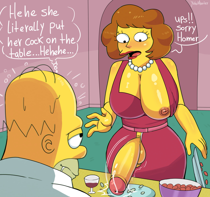 1boy 1futa 2022 alternate_version_available background blush breasts_out brown_hair collar dickgirl flaccid food futa_focus futanari homer_simpson large_penis lipstick male maude_flanders open_mouth precum_drip shirt table text text_bubble the_simpsons yellow_skin yutomaster