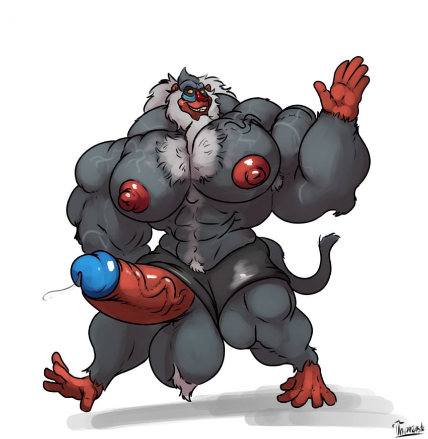 abs anthro ball_tuft balls biceps big_balls big_muscles big_penis blue_glans bodily_fluids clothing disney genital_fluids genitals glans grin haplorhine hi_res huge_balls huge_cock huge_muscles humanoid_genitalia humanoid_penis hyper hyper_balls hyper_genitalia hyper_muscles hyper_penis male male_only mammal mandrill monkey muscular nipples old_world_monkey pecs penis penis_through_leghole poking_out precum primate rafiki smile solo the_lion_king tuft underwear uniparasite vein veiny_penis