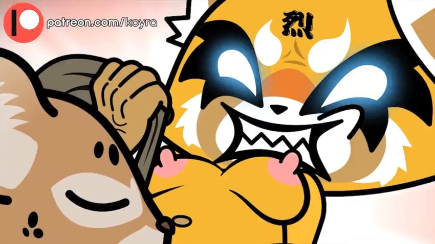 1boy 1girls aggressive_retsuko animated bouncing_breasts closed_eyes erect_nipples exhaling fangs frown furry implied_oral koyra navel nipples patreon rage red_panda retsuko sanrio smooth_fur steam vein white_eyes