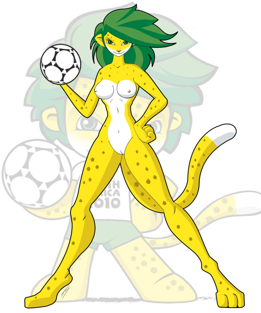 anthro ball barefoot black_nose breasts closed_eyes color female female_only front_view fur furry furry_breasts furry_ears furry_tail green_eyes green_hair hair mascot nipples nude open_eyes pointy_ears pussy raptorsr rule_63 soccer_ball solo standing tail vulva white_fur yellow_fur zakumi